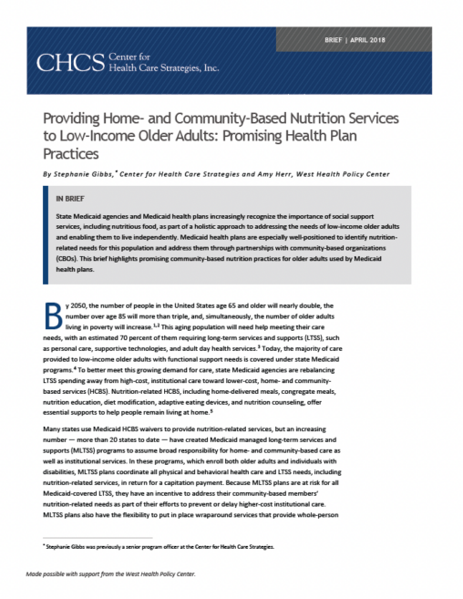 Providing Home- and Community-Based Nutrition Services to Low-Income Older Adults: Promising Health Plan Practices